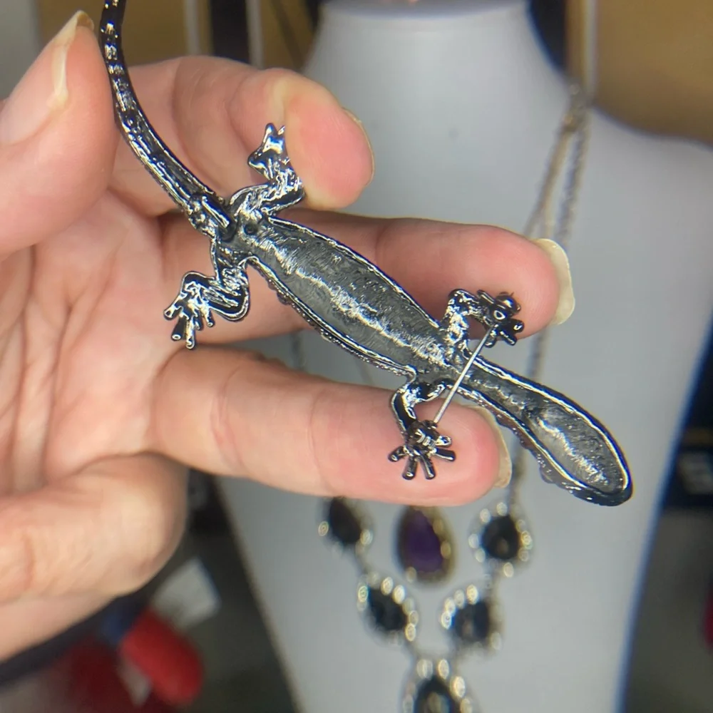 Crystal Lizard Brooch Pin - Blue and Gold Rhinestones